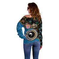 Fiji Palm Tree and Australia Kangaroo Off Shoulder Sweater Aboriginal Mix Tapa Pattern LT03 - Polynesian Pride