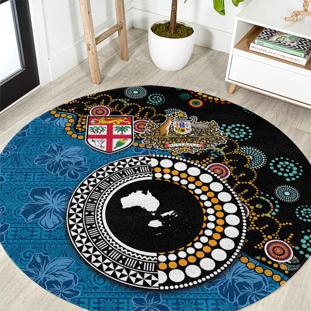 Fiji Palm Tree and Australia Kangaroo Round Carpet Aboriginal Mix Tapa Pattern