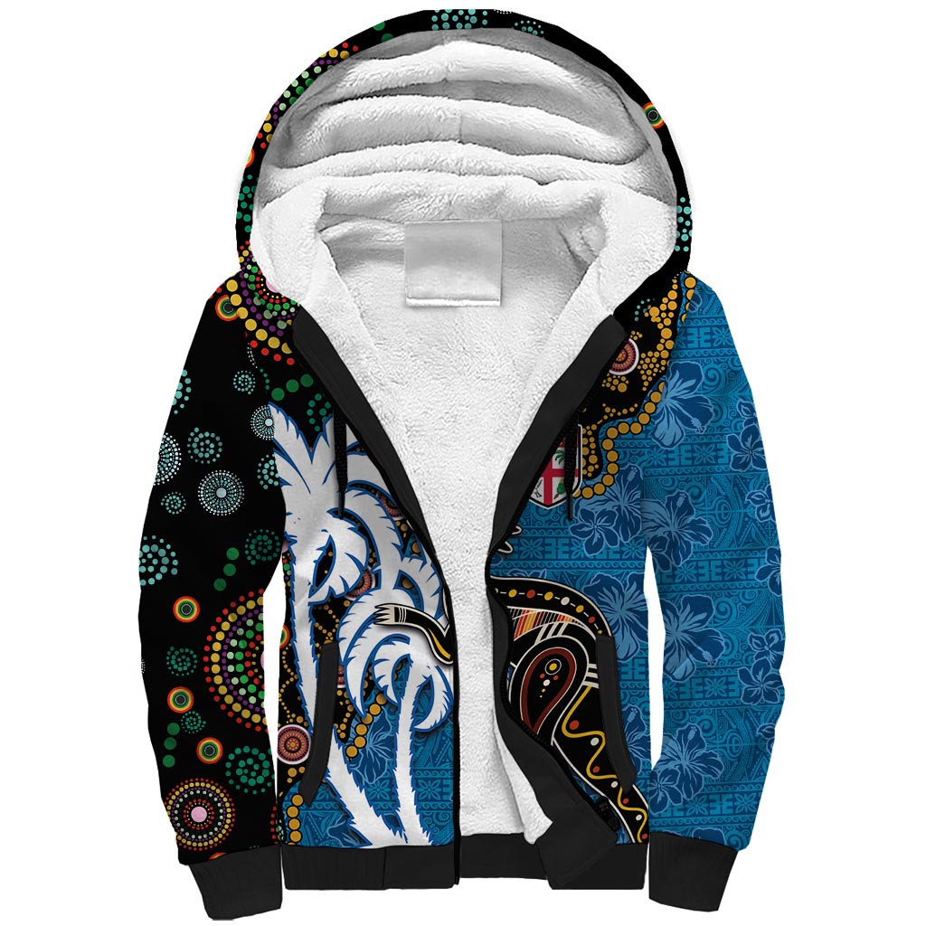 Fiji Palm Tree and Australia Kangaroo Sherpa Hoodie Aboriginal Mix Tapa Pattern