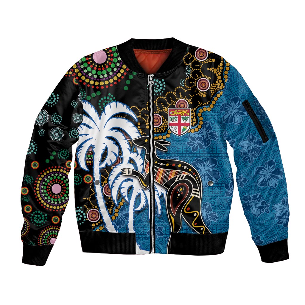 Fiji Palm Tree and Australia Kangaroo Sleeve Zip Bomber Jacket Aboriginal Mix Tapa Pattern