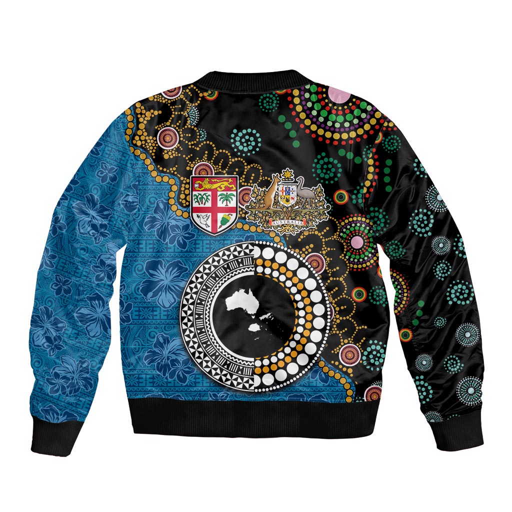 Fiji Palm Tree and Australia Kangaroo Sleeve Zip Bomber Jacket Aboriginal Mix Tapa Pattern