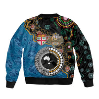 Fiji Palm Tree and Australia Kangaroo Sleeve Zip Bomber Jacket Aboriginal Mix Tapa Pattern