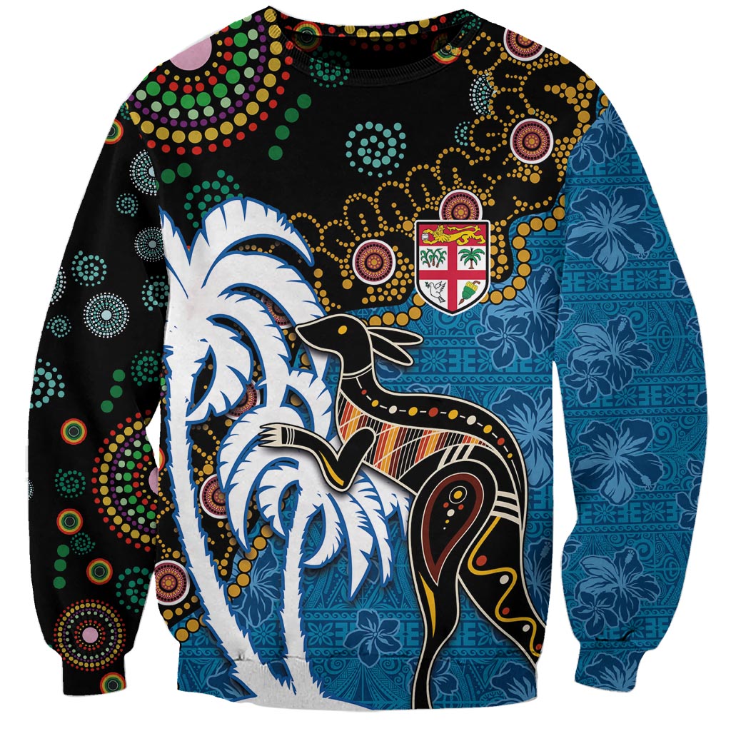 Fiji Palm Tree and Australia Kangaroo Sweatshirt Aboriginal Mix Tapa Pattern LT03 Unisex Blue - Polynesian Pride