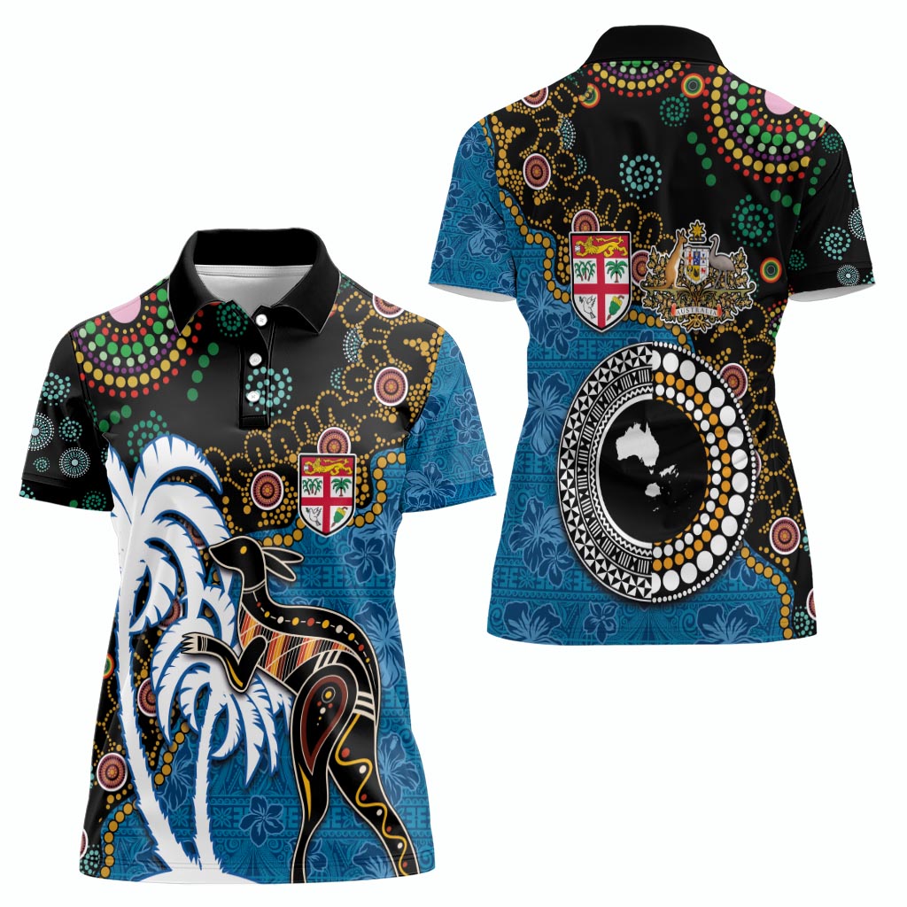 Fiji Palm Tree and Australia Kangaroo Women Polo Shirt Aboriginal Mix Tapa Pattern