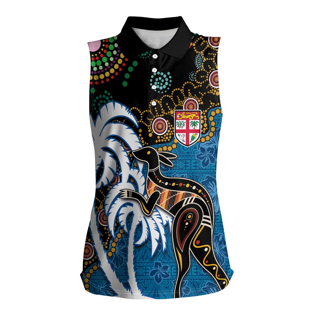 Fiji Palm Tree and Australia Kangaroo Women Sleeveless Polo Shirt Aboriginal Mix Tapa Pattern