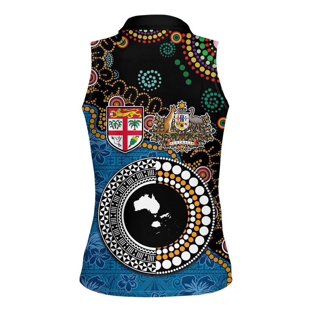 Fiji Palm Tree and Australia Kangaroo Women Sleeveless Polo Shirt Aboriginal Mix Tapa Pattern