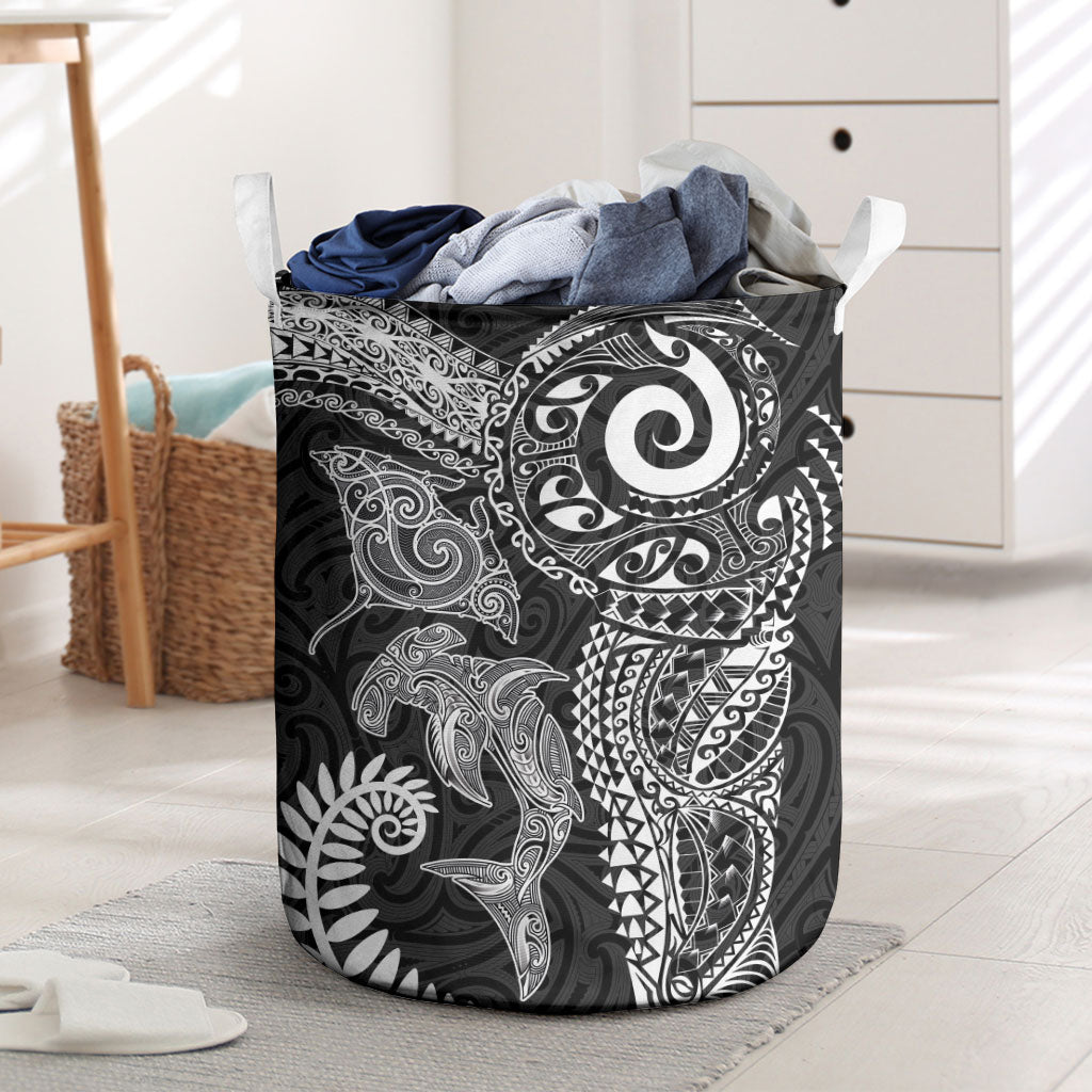 Aotearoa Maori Sea Animals Tribal Laundry Basket Manta Ray and Shark Moko Pattern Black Color