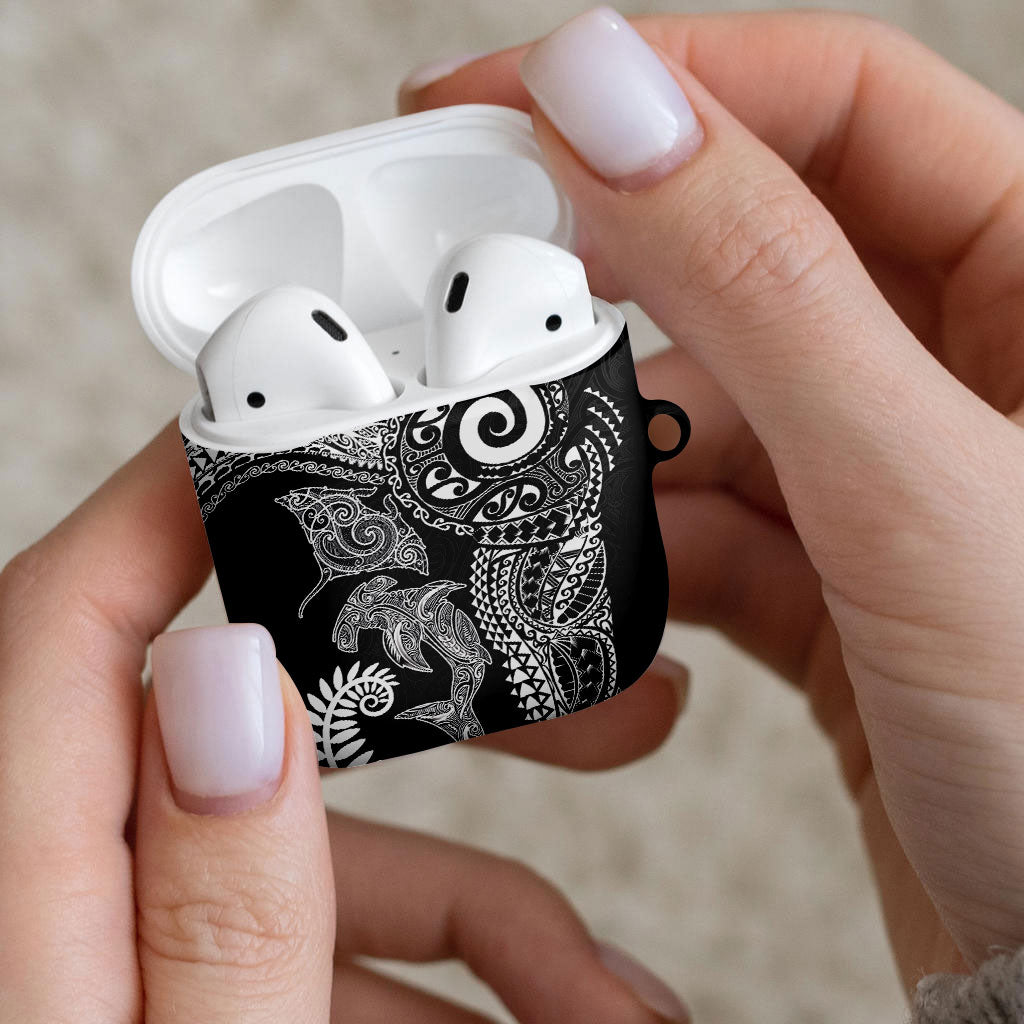 Aotearoa Maori Sea Animals Tribal AirPods Case Manta Ray and Shark Moko Pattern Black Color LT03 - Polynesian Pride