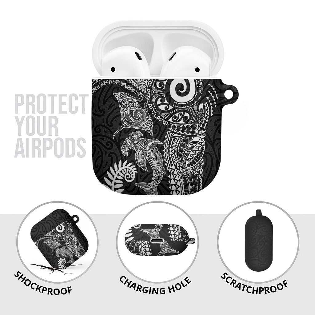 Aotearoa Maori Sea Animals Tribal AirPods Case Manta Ray and Shark Moko Pattern Black Color LT03 - Polynesian Pride