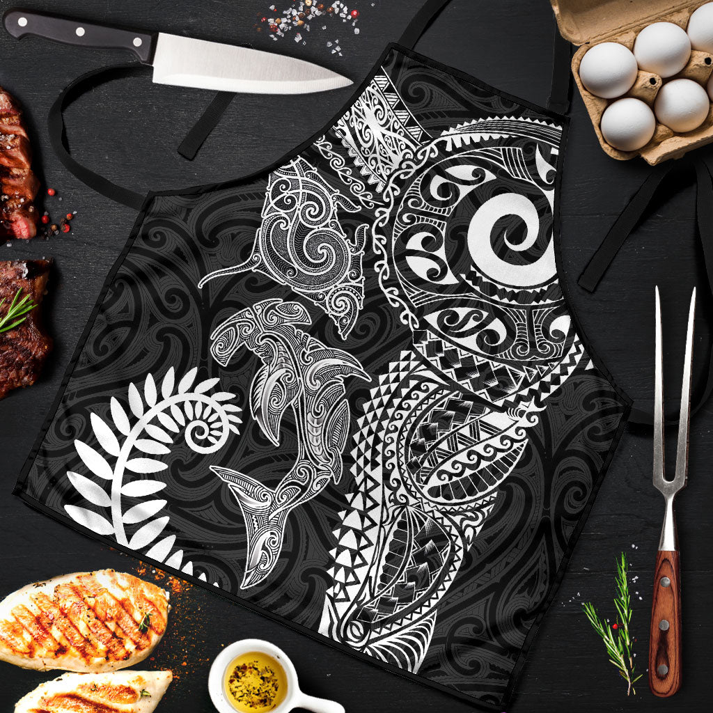 Aotearoa Maori Sea Animals Tribal Apron Manta Ray and Shark Moko Pattern Black Color
