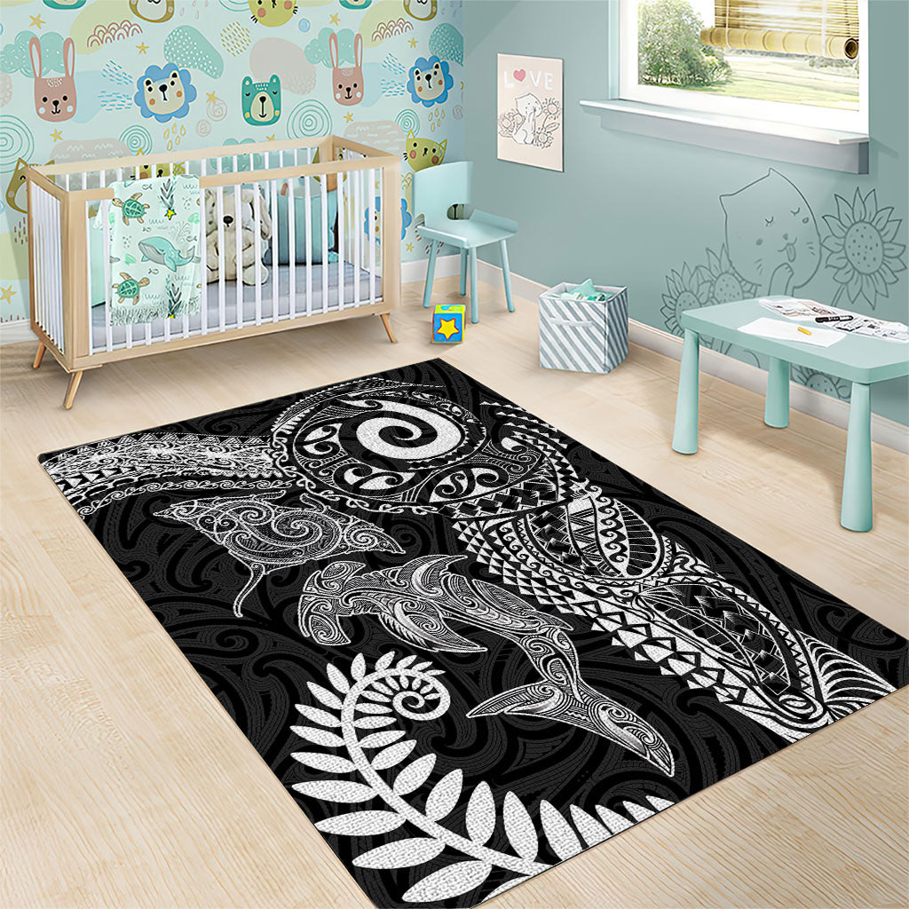 Aotearoa Maori Sea Animals Tribal Area Rug Manta Ray and Shark Moko Pattern Black Color