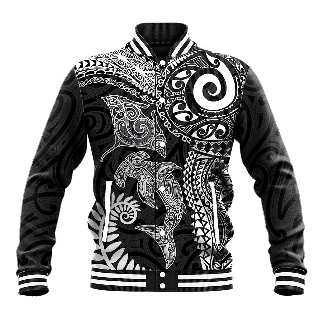 Aotearoa Maori Sea Animals Tribal Baseball Jacket Manta Ray and Shark Moko Pattern Black Color