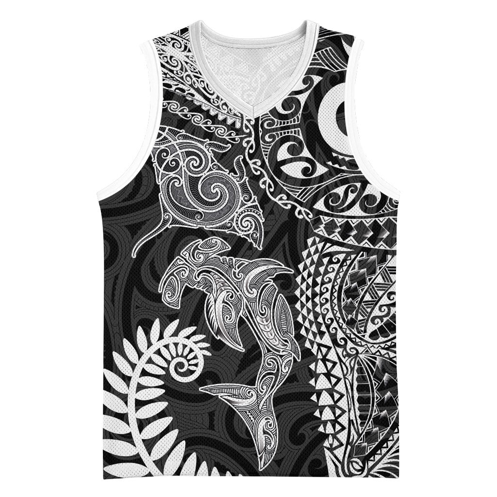 Aotearoa Maori Sea Animals Tribal Basketball Jersey Manta Ray and Shark Moko Pattern Black Color