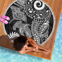 Aotearoa Maori Sea Animals Tribal Beach Blanket Manta Ray and Shark Moko Pattern Black Color