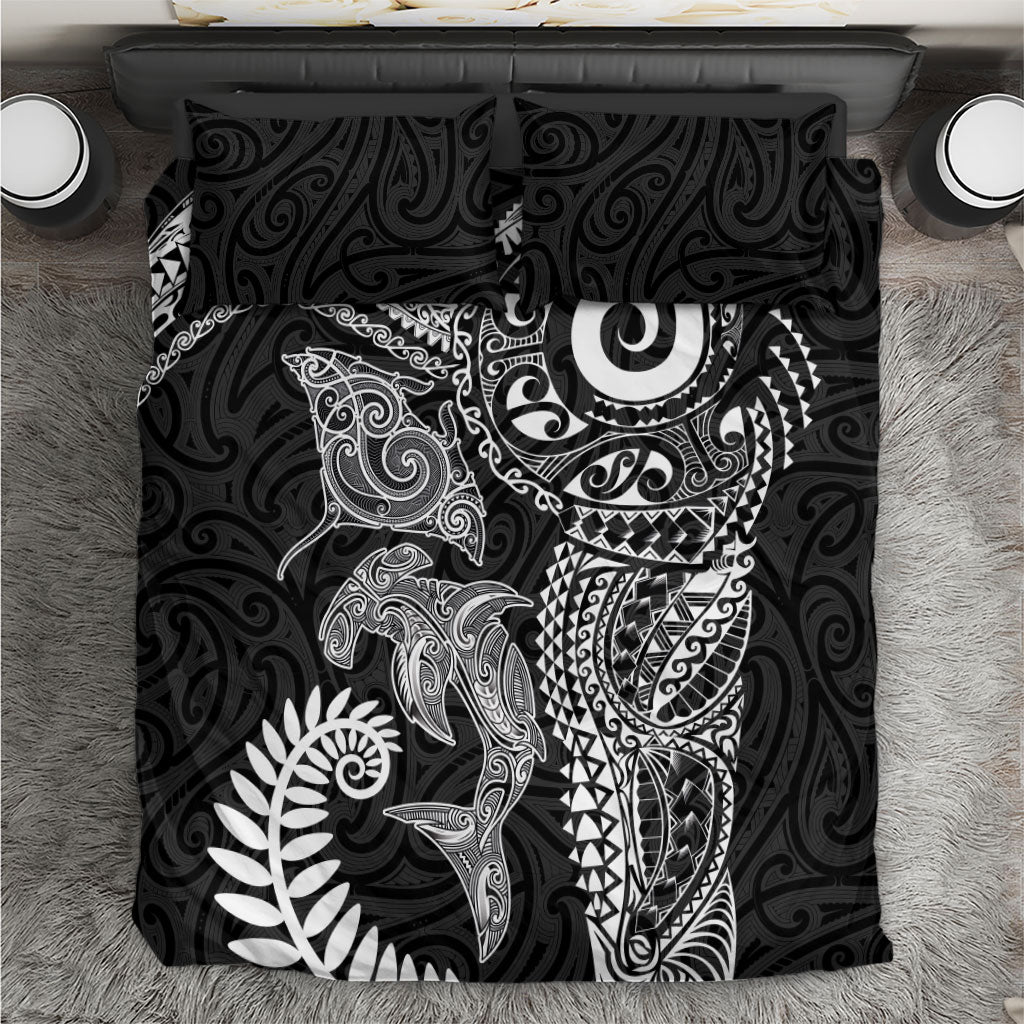 Aotearoa Maori Sea Animals Tribal Bedding Set Manta Ray and Shark Moko Pattern Black Color