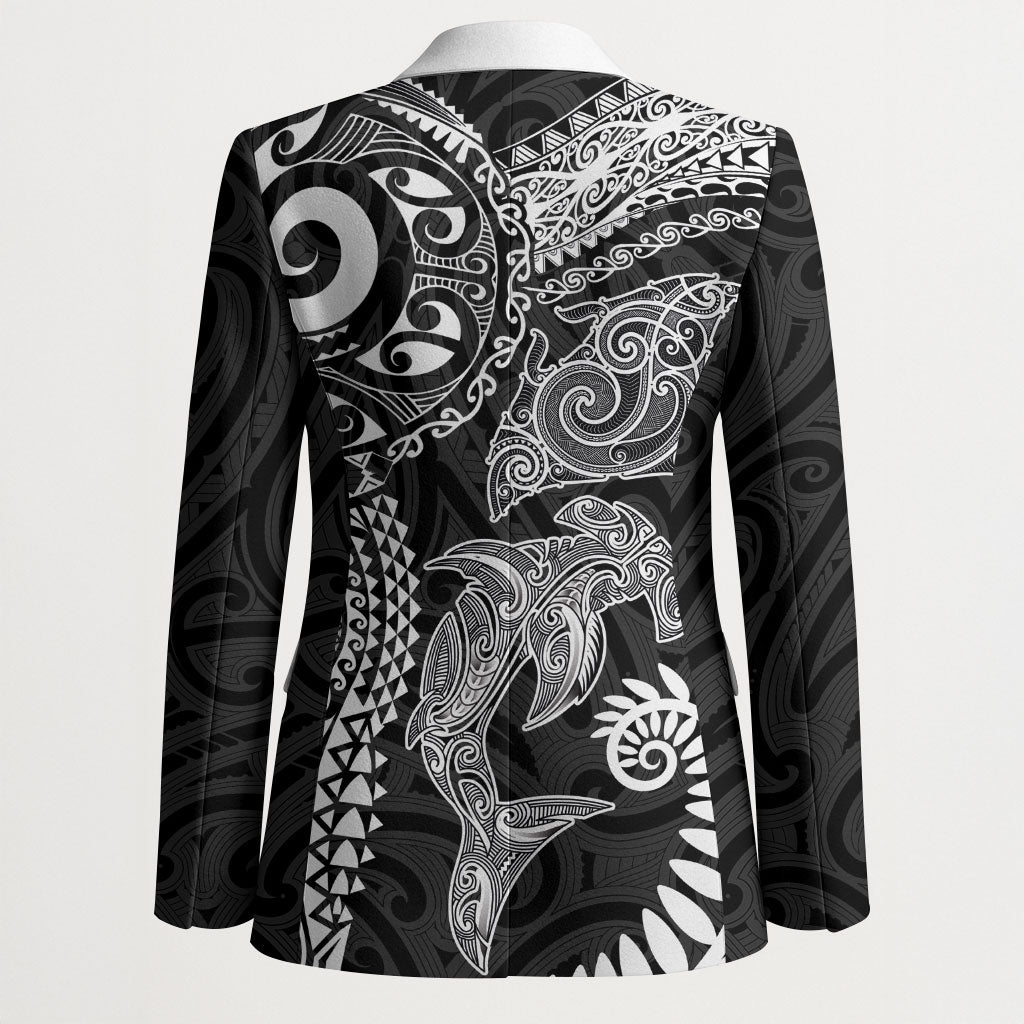 Aotearoa Maori Sea Animals Tribal Blazer Manta Ray and Shark Moko Pattern Black Color