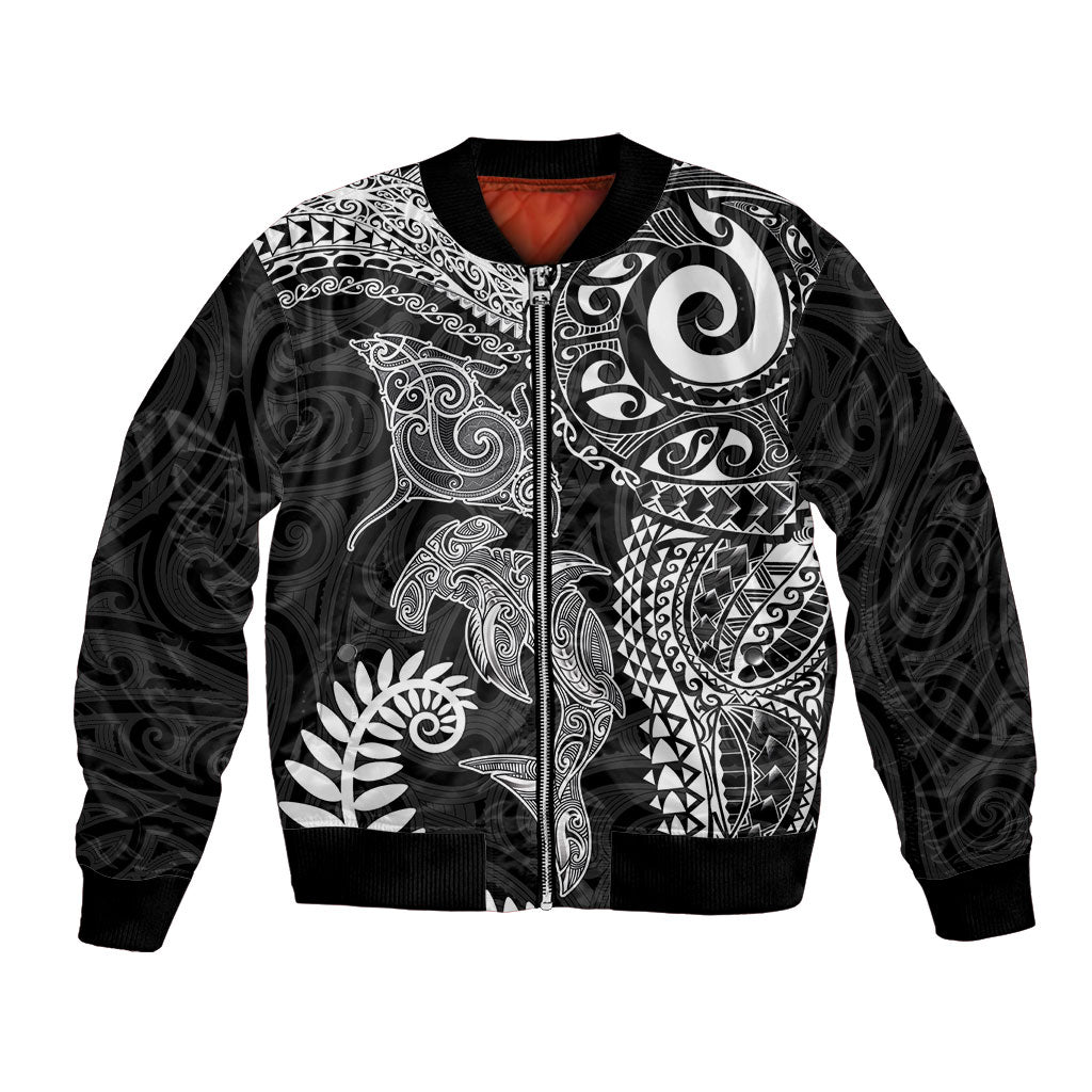 Aotearoa Maori Sea Animals Tribal Bomber Jacket Manta Ray and Shark Moko Pattern Black Color