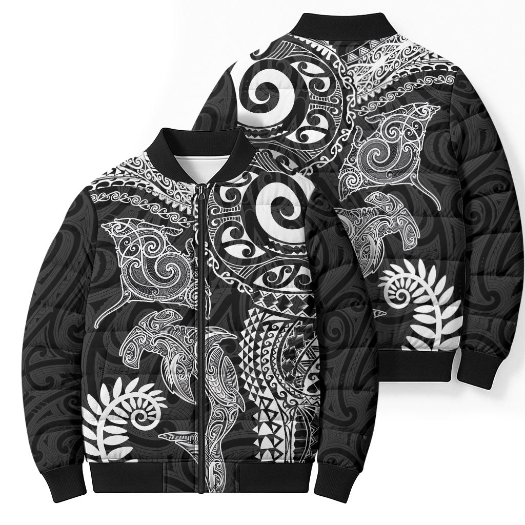 Aotearoa Maori Sea Animals Tribal Bomber Puffer Jacket Manta Ray and Shark Moko Pattern Black Color