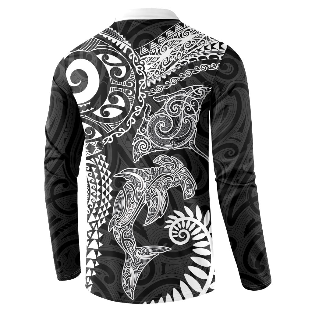 Aotearoa Maori Sea Animals Tribal Button Sweatshirt Manta Ray and Shark Moko Pattern Black Color