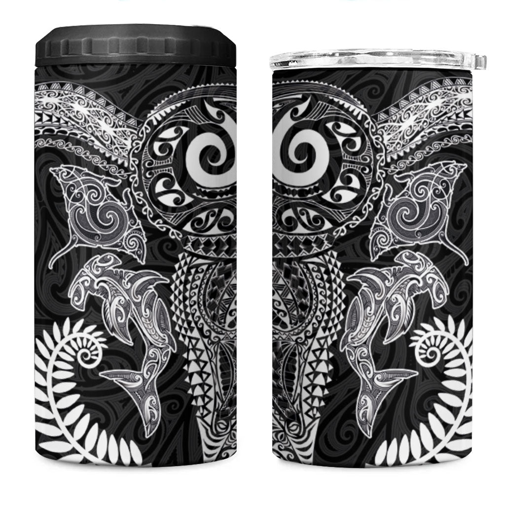 Aotearoa Maori Sea Animals Tribal 4 in 1 Can Cooler Tumbler Manta Ray and Shark Moko Pattern Black Color