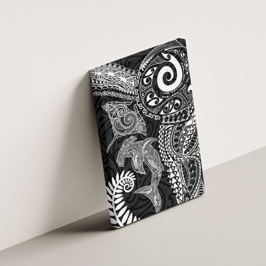 Aotearoa Maori Sea Animals Tribal Canvas Wall Art Manta Ray and Shark Moko Pattern Black Color