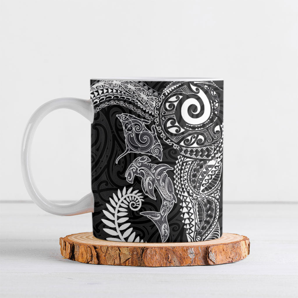 Aotearoa Maori Sea Animals Tribal Ceramic Mug Manta Ray and Shark Moko Pattern Black Color