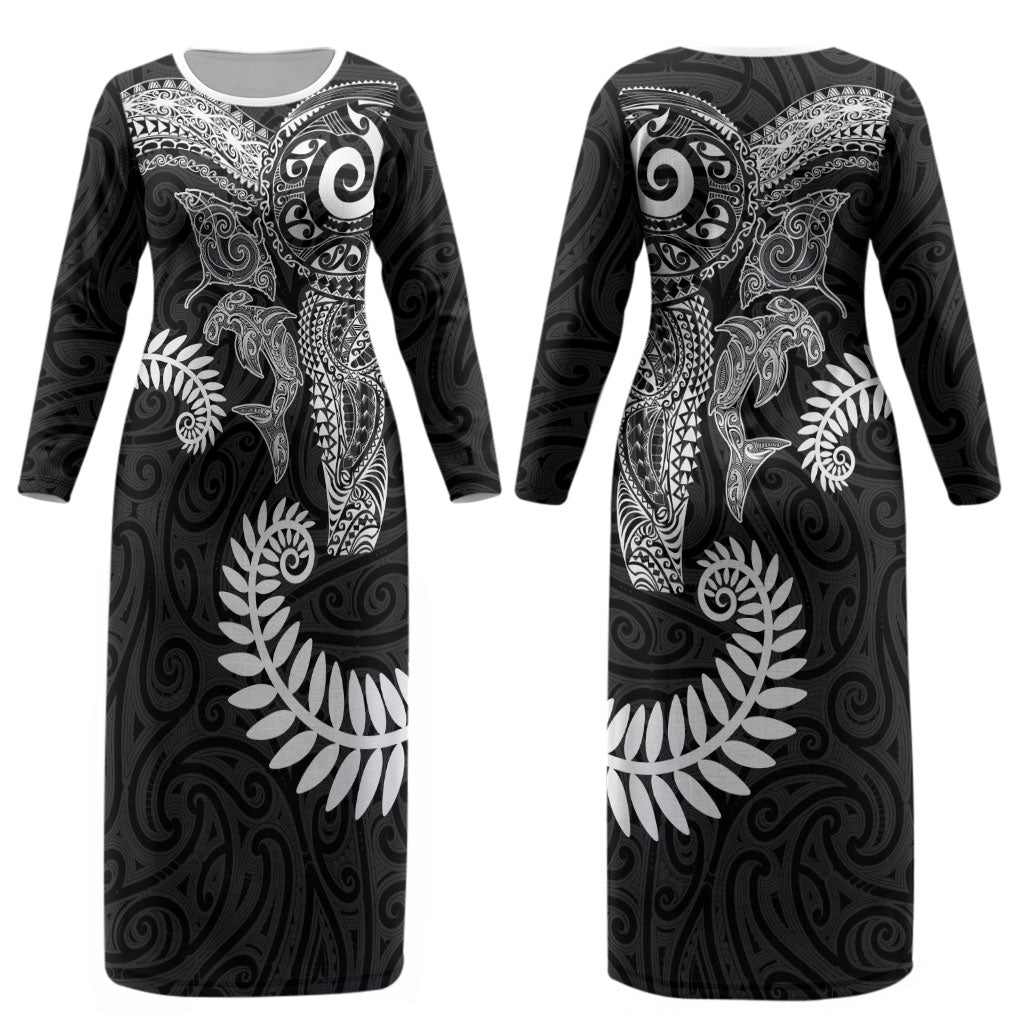 Aotearoa Maori Sea Animals Tribal Couples Matching Long Sleeve Bodycon Dress and Hawaiian Shirt Manta Ray and Shark Moko Pattern Black Color LT03 - Polynesian Pride