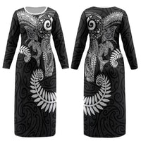 Aotearoa Maori Sea Animals Tribal Couples Matching Long Sleeve Bodycon Dress and Hawaiian Shirt Manta Ray and Shark Moko Pattern Black Color LT03 - Polynesian Pride