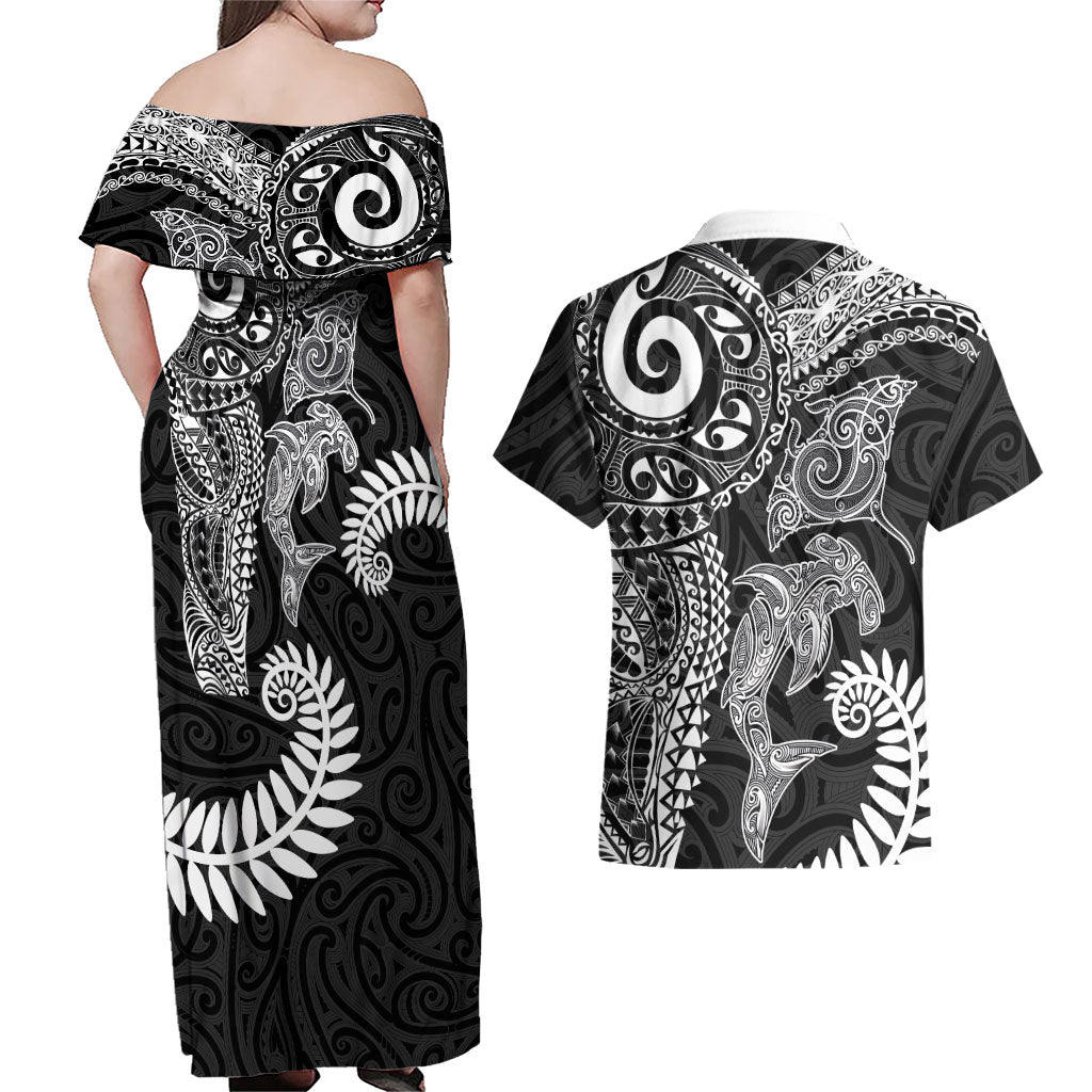 Aotearoa Maori Sea Animals Tribal Couples Matching Off Shoulder Maxi Dress and Hawaiian Shirt Manta Ray and Shark Moko Pattern Black Color LT03 - Polynesian Pride