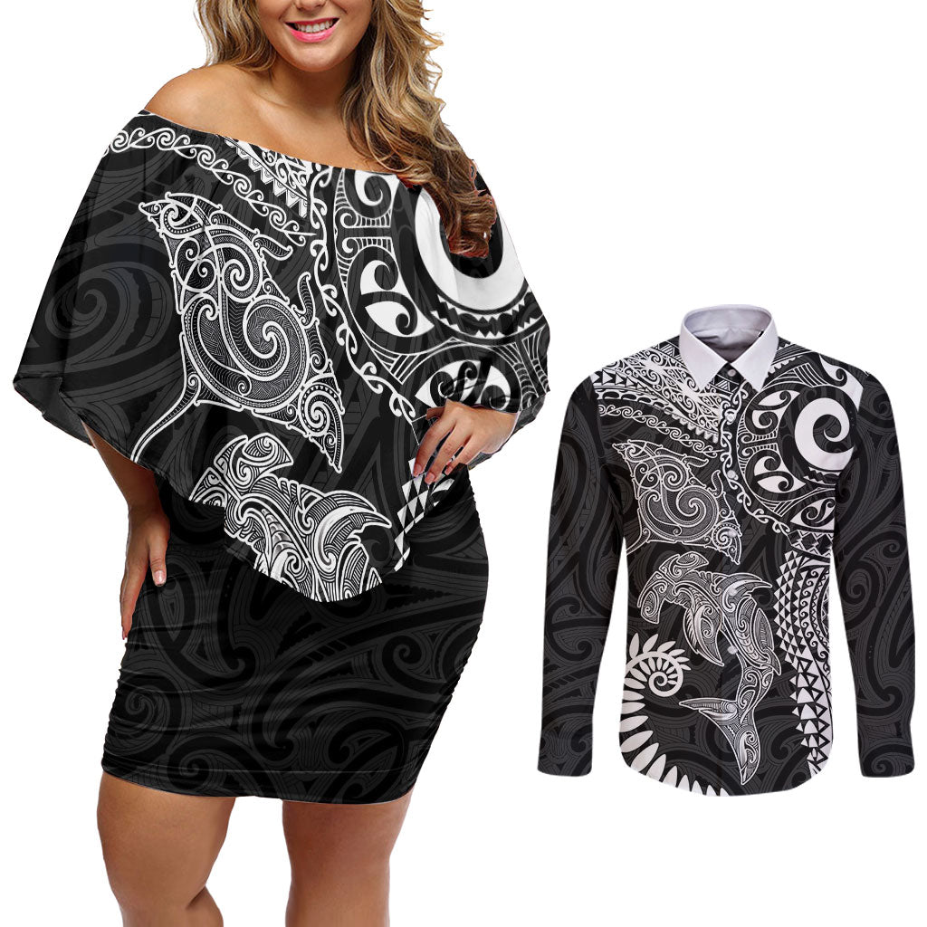 Aotearoa Maori Sea Animals Tribal Couples Matching Off Shoulder Short Dress and Long Sleeve Button Shirt Manta Ray and Shark Moko Pattern Black Color