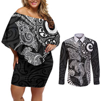 Aotearoa Maori Sea Animals Tribal Couples Matching Off Shoulder Short Dress and Long Sleeve Button Shirt Manta Ray and Shark Moko Pattern Black Color LT03 Black - Polynesian Pride