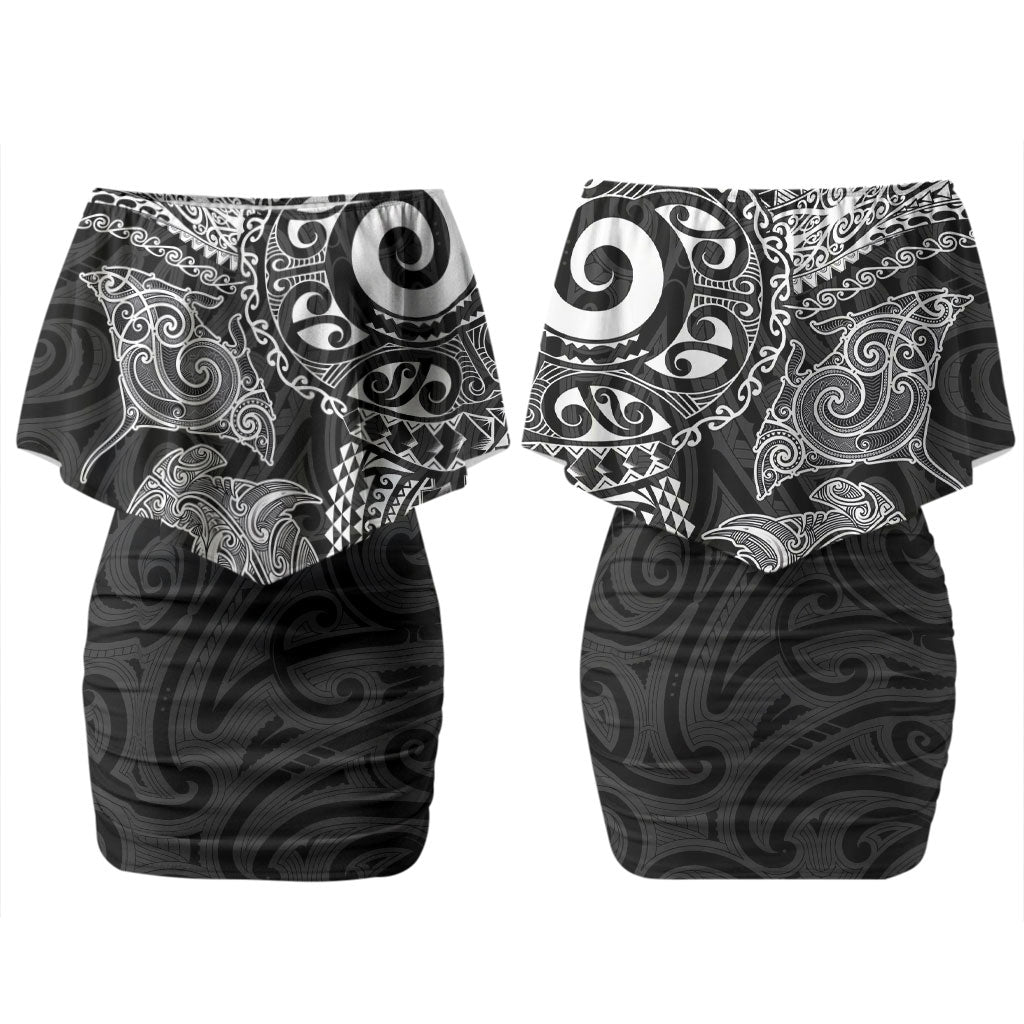 Aotearoa Maori Sea Animals Tribal Couples Matching Off Shoulder Short Dress and Long Sleeve Button Shirt Manta Ray and Shark Moko Pattern Black Color LT03 - Polynesian Pride