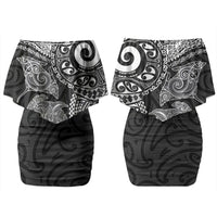 Aotearoa Maori Sea Animals Tribal Couples Matching Off Shoulder Short Dress and Long Sleeve Button Shirt Manta Ray and Shark Moko Pattern Black Color LT03 - Polynesian Pride