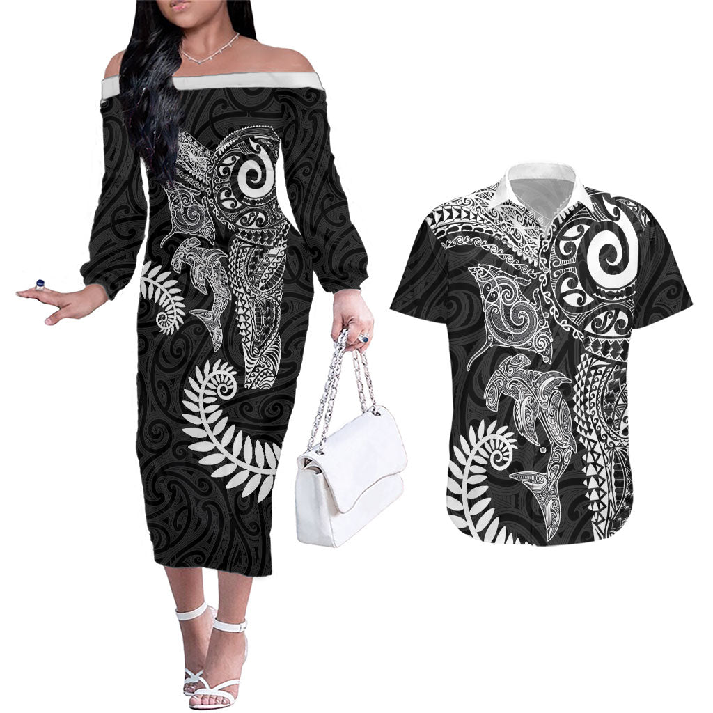 Aotearoa Maori Sea Animals Tribal Couples Matching Off The Shoulder Long Sleeve Dress and Hawaiian Shirt Manta Ray and Shark Moko Pattern Black Color LT03 Black - Polynesian Pride
