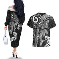 Aotearoa Maori Sea Animals Tribal Couples Matching Off The Shoulder Long Sleeve Dress and Hawaiian Shirt Manta Ray and Shark Moko Pattern Black Color LT03 - Polynesian Pride