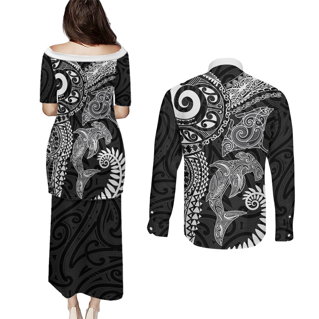 Aotearoa Maori Sea Animals Tribal Couples Matching Puletasi and Long Sleeve Button Shirt Manta Ray and Shark Moko Pattern Black Color