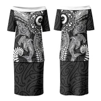 Aotearoa Maori Sea Animals Tribal Couples Matching Puletasi and Long Sleeve Button Shirt Manta Ray and Shark Moko Pattern Black Color LT03 - Polynesian Pride