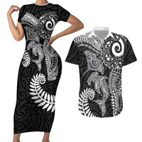 Aotearoa Maori Sea Animals Tribal Couples Matching Short Sleeve Bodycon Dress and Hawaiian Shirt Manta Ray and Shark Moko Pattern Black Color LT03 Black - Polynesian Pride