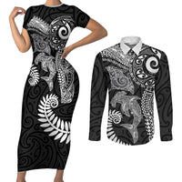 Aotearoa Maori Sea Animals Tribal Couples Matching Short Sleeve Bodycon Dress and Long Sleeve Button Shirt Manta Ray and Shark Moko Pattern Black Color LT03 Black - Polynesian Pride