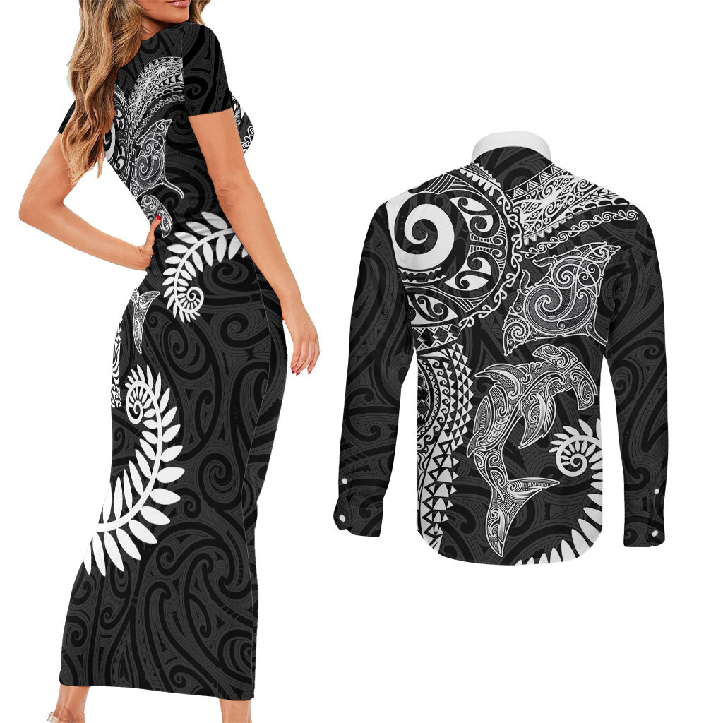Aotearoa Maori Sea Animals Tribal Couples Matching Short Sleeve Bodycon Dress and Long Sleeve Button Shirt Manta Ray and Shark Moko Pattern Black Color LT03 - Polynesian Pride