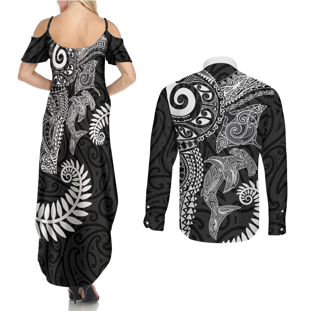 Aotearoa Maori Sea Animals Tribal Couples Matching Summer Maxi Dress and Long Sleeve Button Shirt Manta Ray and Shark Moko Pattern Black Color LT03 - Polynesian Pride