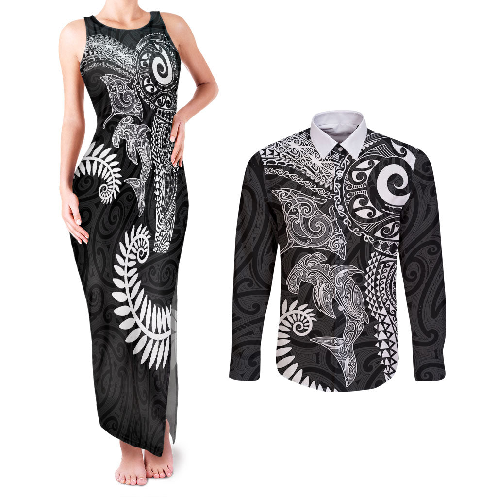 Aotearoa Maori Sea Animals Tribal Couples Matching Tank Maxi Dress and Long Sleeve Button Shirt Manta Ray and Shark Moko Pattern Black Color LT03 Black - Polynesian Pride