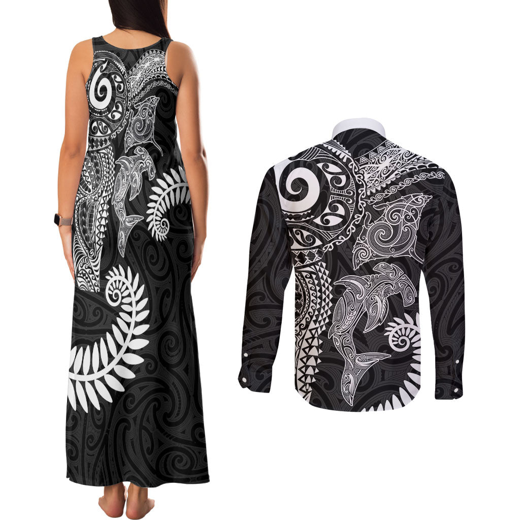 Aotearoa Maori Sea Animals Tribal Couples Matching Tank Maxi Dress and Long Sleeve Button Shirt Manta Ray and Shark Moko Pattern Black Color LT03 - Polynesian Pride