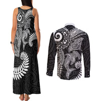 Aotearoa Maori Sea Animals Tribal Couples Matching Tank Maxi Dress and Long Sleeve Button Shirt Manta Ray and Shark Moko Pattern Black Color LT03 - Polynesian Pride