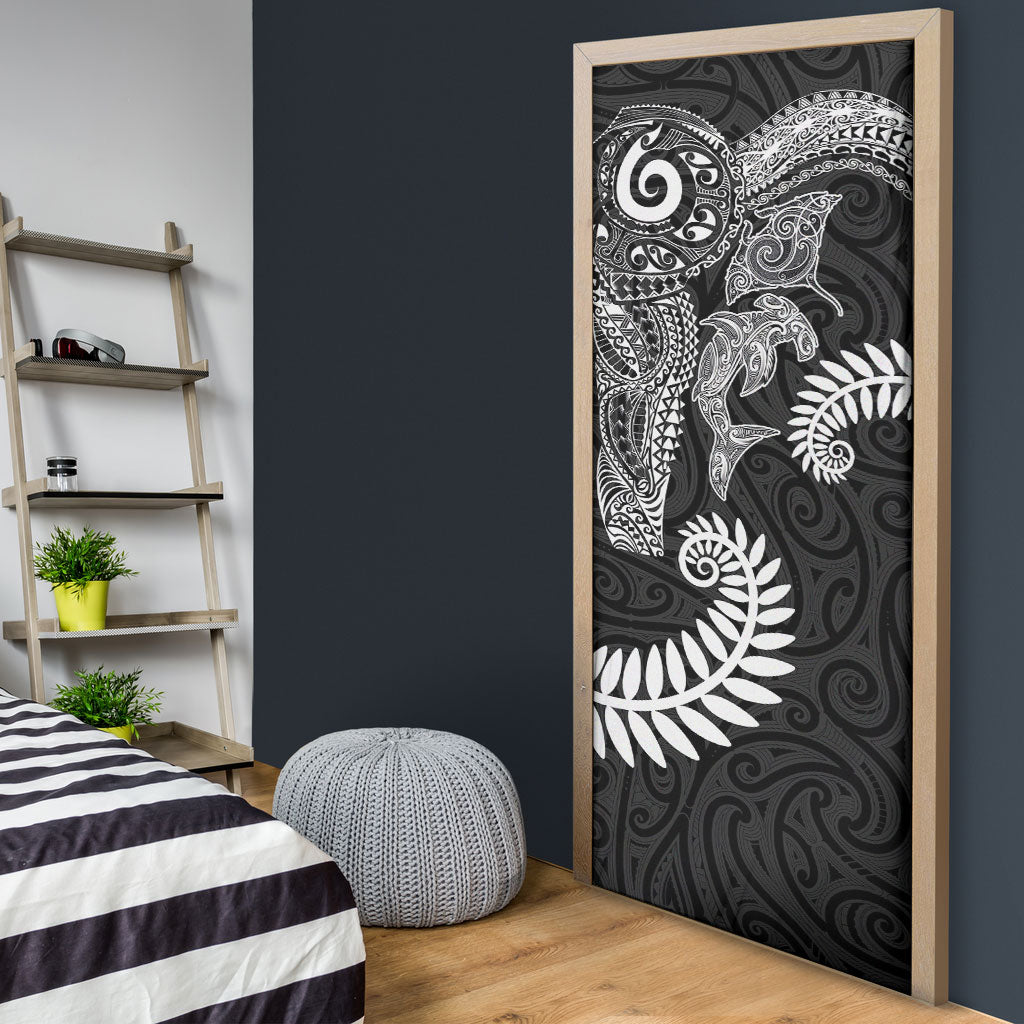 Aotearoa Maori Sea Animals Tribal Door Cover Manta Ray and Shark Moko Pattern Black Color