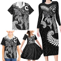 Aotearoa Maori Sea Animals Tribal Family Matching Long Sleeve Bodycon Dress and Hawaiian Shirt Manta Ray and Shark Moko Pattern Black Color LT03 - Polynesian Pride