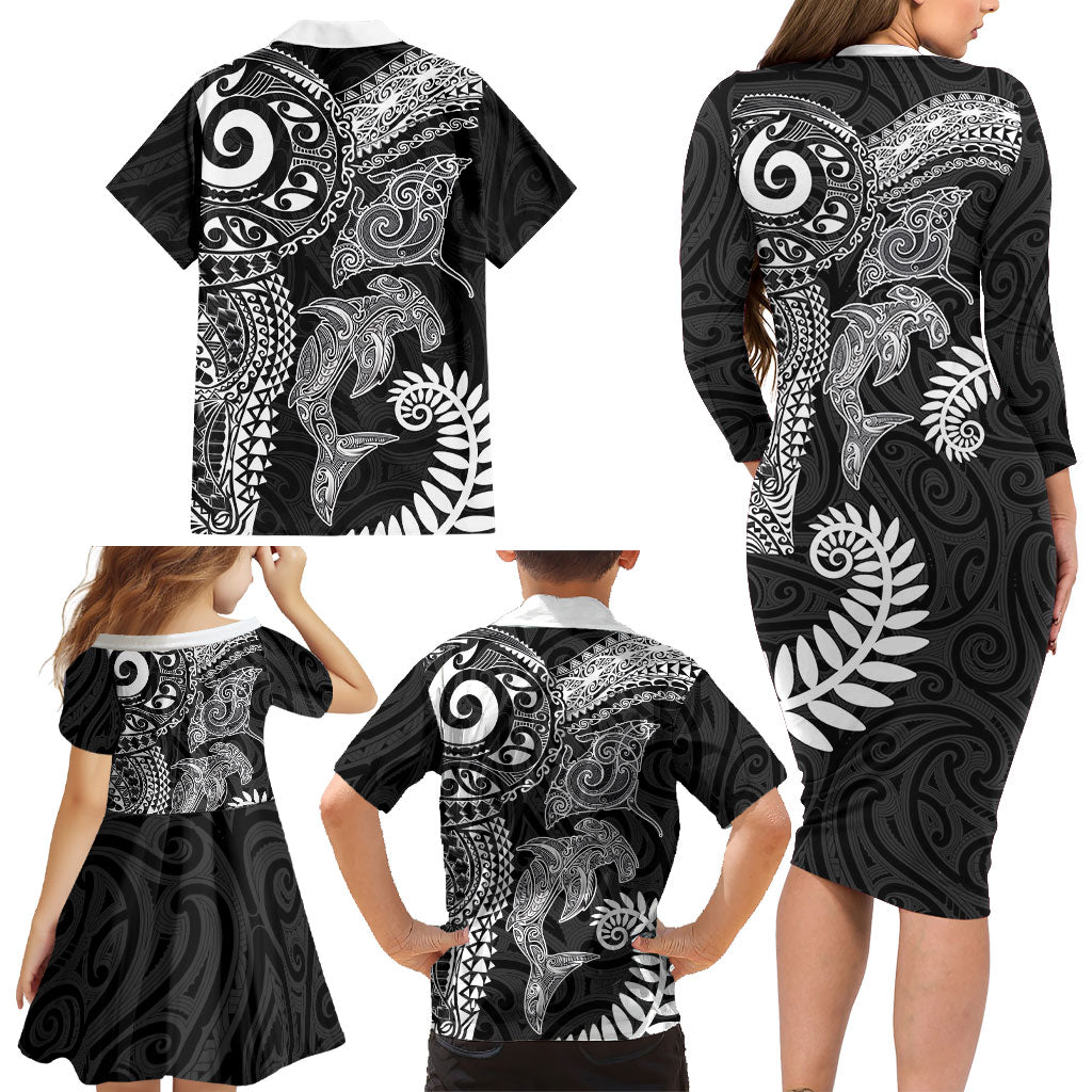 Aotearoa Maori Sea Animals Tribal Family Matching Long Sleeve Bodycon Dress and Hawaiian Shirt Manta Ray and Shark Moko Pattern Black Color LT03 - Polynesian Pride