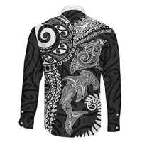 Aotearoa Maori Sea Animals Tribal Family Matching Long Sleeve Bodycon Dress and Hawaiian Shirt Manta Ray and Shark Moko Pattern Black Color LT03 - Polynesian Pride