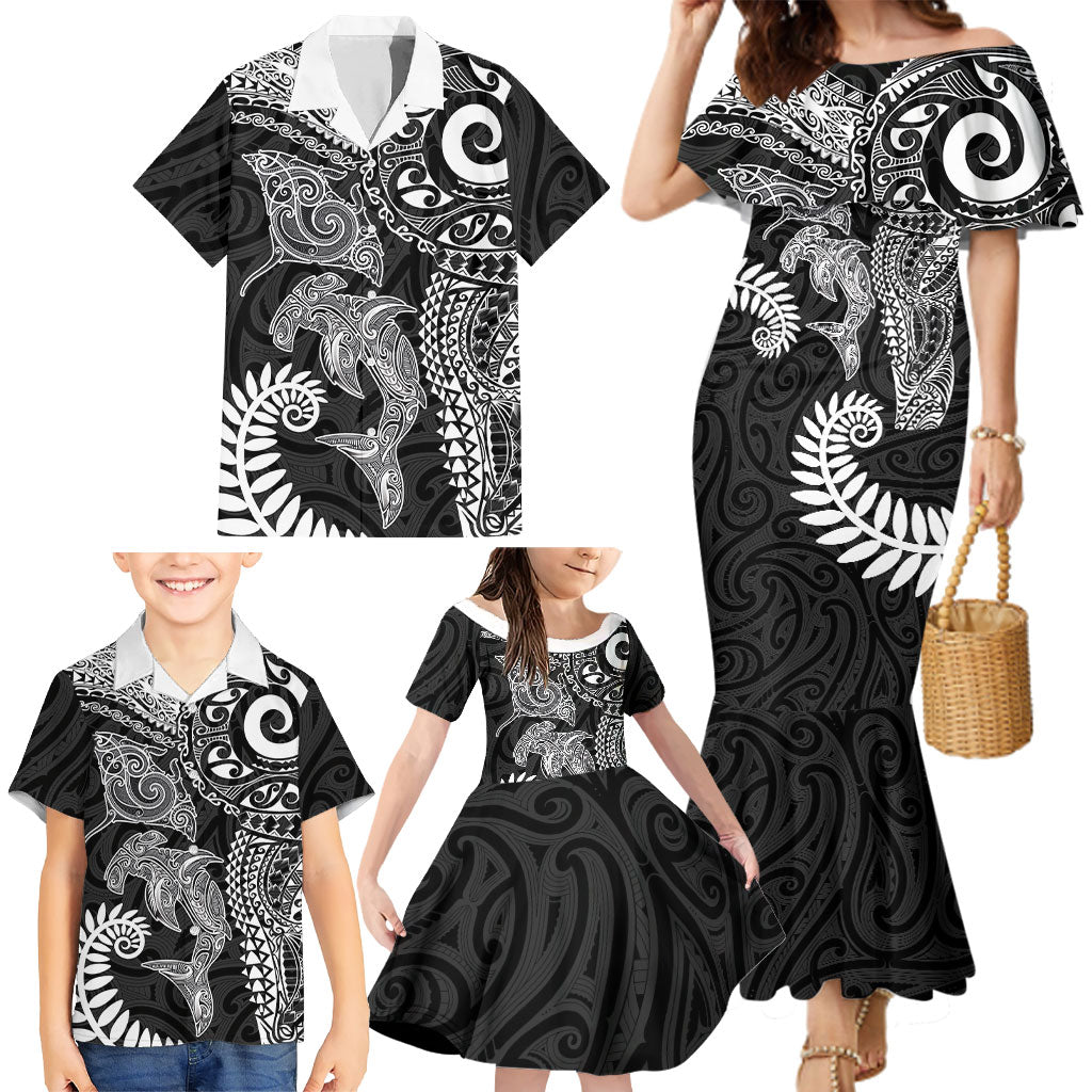 Aotearoa Maori Sea Animals Tribal Family Matching Mermaid Dress and Hawaiian Shirt Manta Ray and Shark Moko Pattern Black Color LT03 - Polynesian Pride