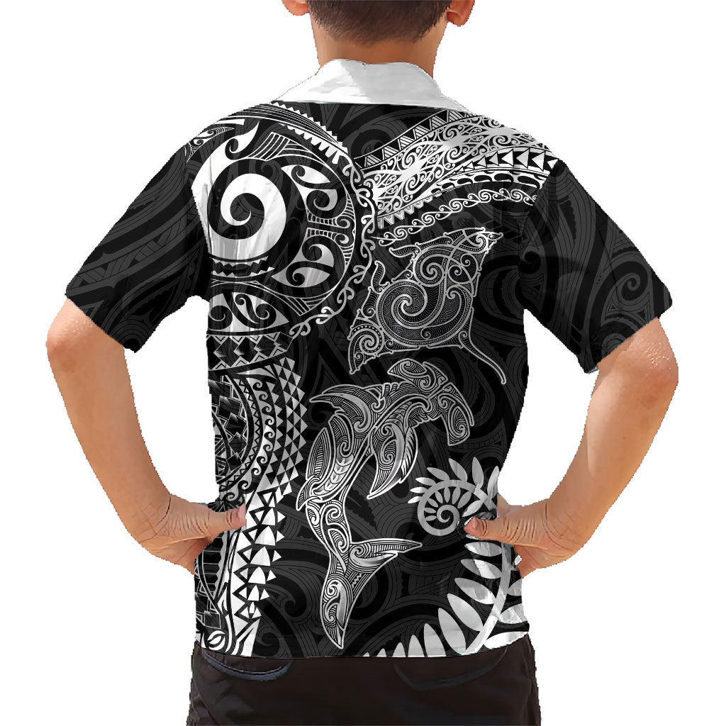 Aotearoa Maori Sea Animals Tribal Family Matching Off The Shoulder Long Sleeve Dress and Hawaiian Shirt Manta Ray and Shark Moko Pattern Black Color LT03 - Polynesian Pride